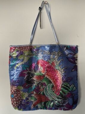 Ed Hardy Sequined Koi Floral Tote in Blue, Pink, Green worn in, needs TLC
